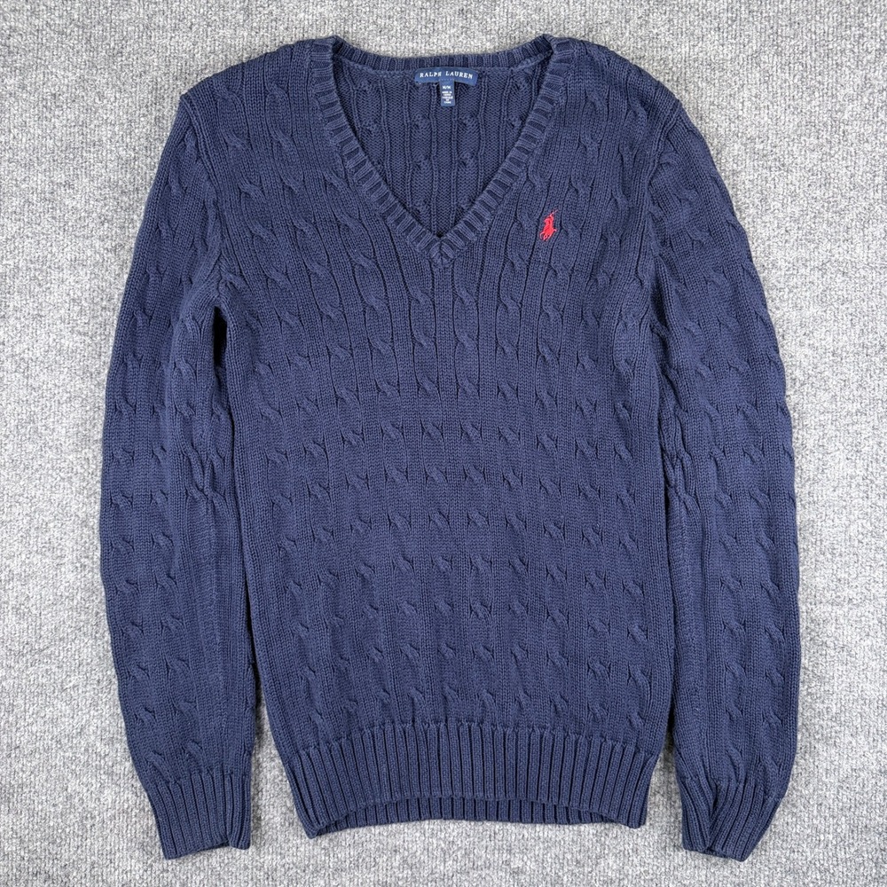 Polo Ralph Lauren Sweater Womens M Blue Cable Knit Fisherman Cotton Pullover
